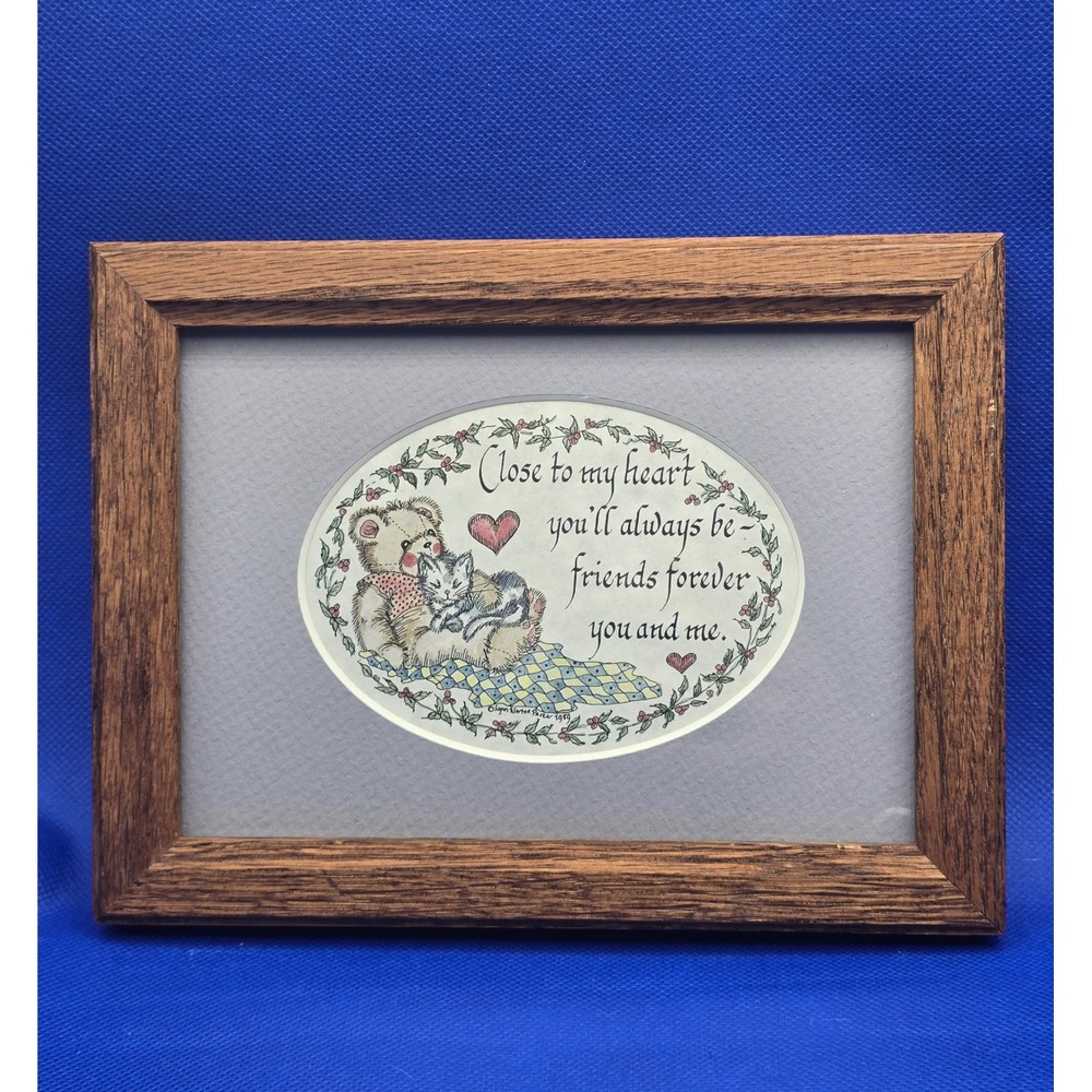 Vintage 80s Creative Calligraphy Framed Art Friends Forever Teddy Bear Grandma